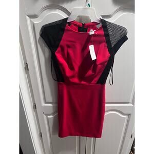Caché Women’s Red Black Mesh Bodycon Cocktail Mini Dress Size 0 NWT